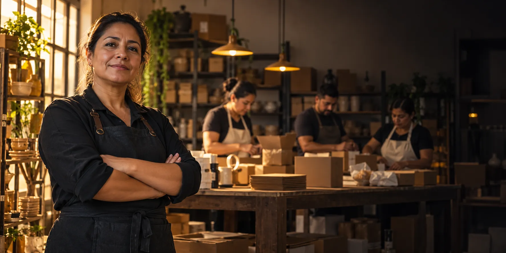 Dueña de una cafetería con los brazos cruzados frente a su barra